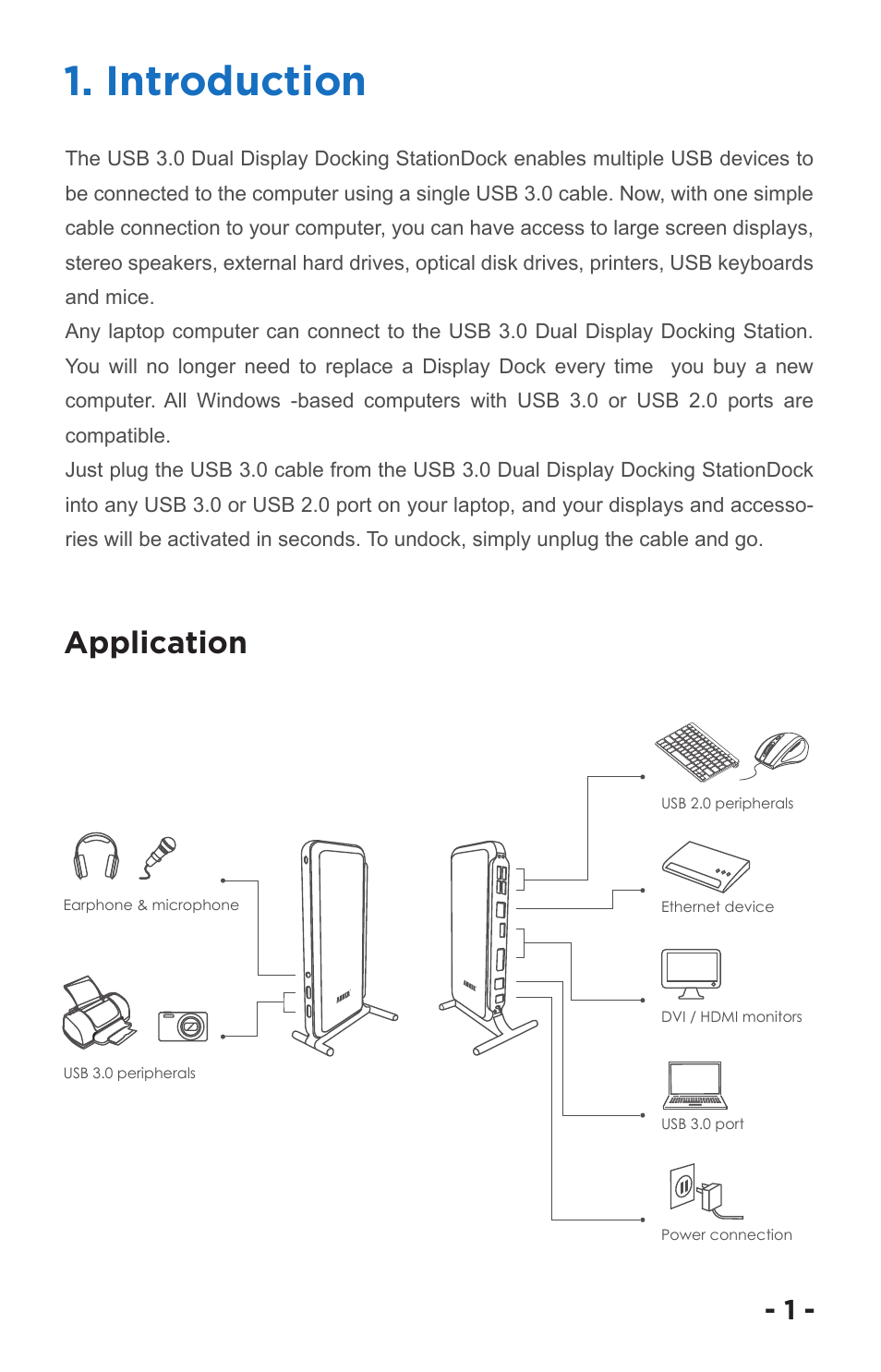Introduction, Application | ANKER USB 3.0 Dual Display (DVI/HDMI) Docking Station, Audio, Gigabit Ethernet, and 6 USB ports for Windows User Manual | Page 4 / 19