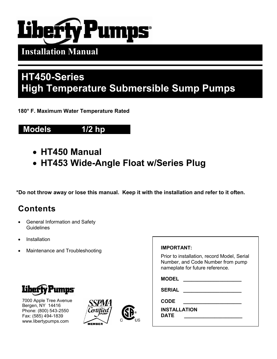 Liberty Pumps HT450-Series User Manual | 17 pages