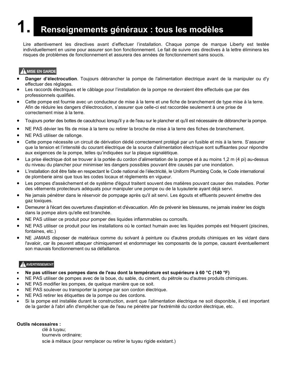 Renseignements généraux : tous les modèles | Liberty Pumps 230-Series User Manual | Page 10 / 24