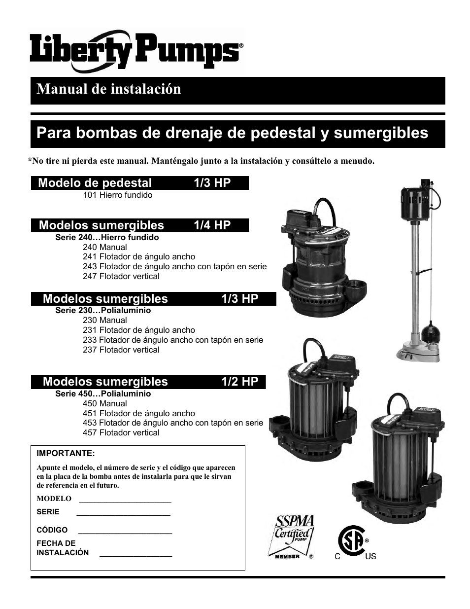 7108000h_es, Para bombas de drenaje de pedestal y sumergibles, Manual de instalación | Liberty Pumps 230-Series User Manual | Page 17 / 24