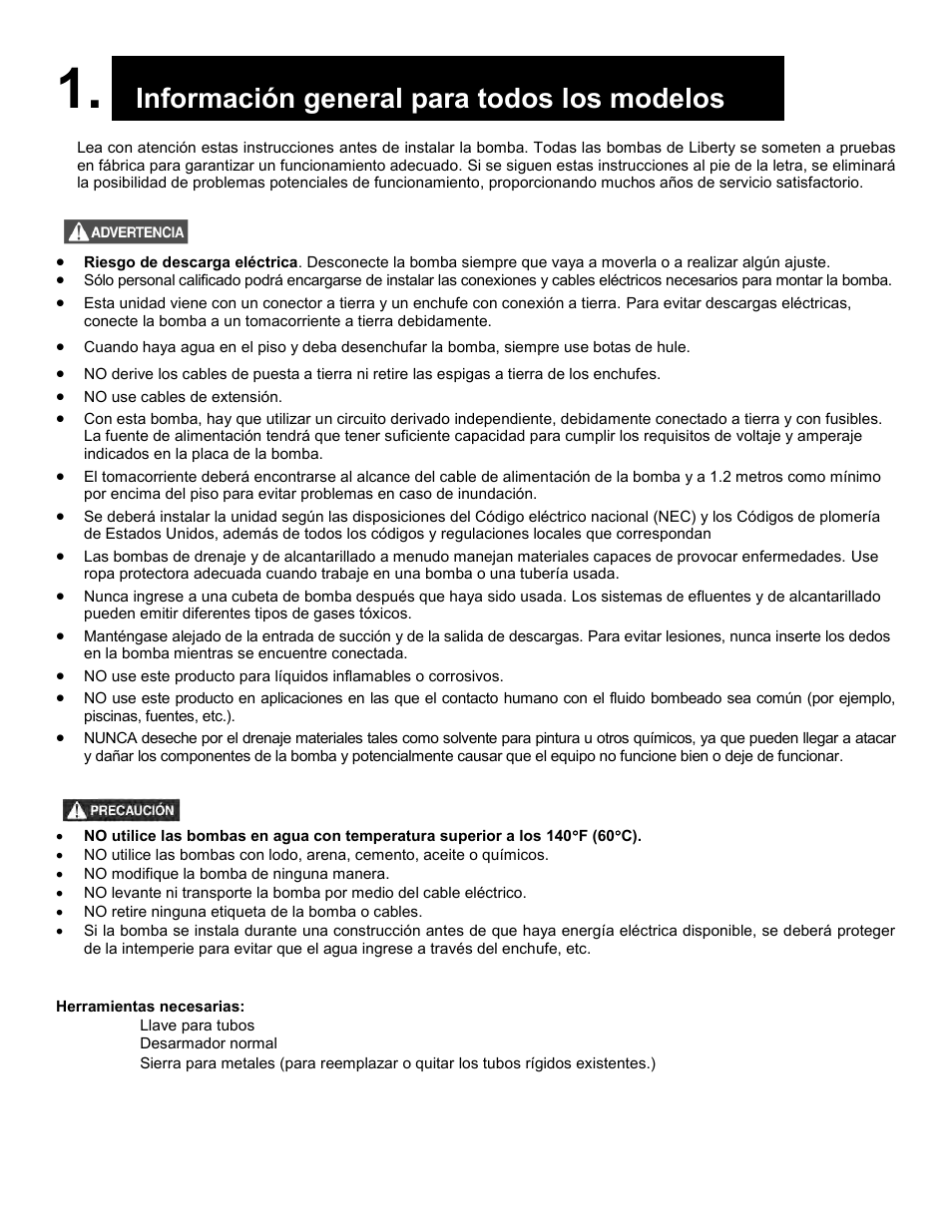 Información general para todos los modelos | Liberty Pumps 230-Series User Manual | Page 18 / 24