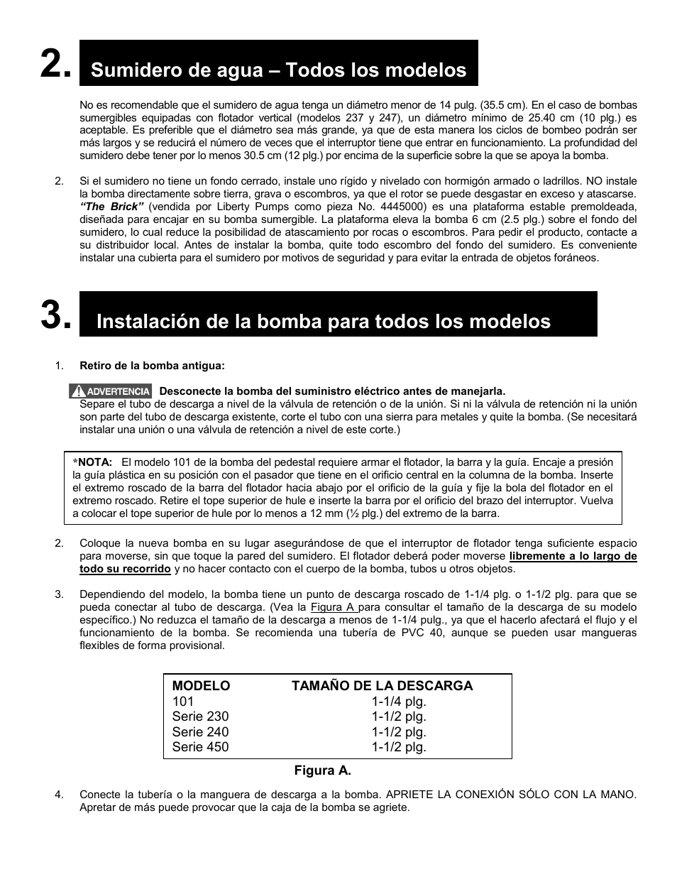 Sumidero de agua – todos los modelos, Instalación de la bomba para todos los modelos | Liberty Pumps 230-Series User Manual | Page 19 / 24