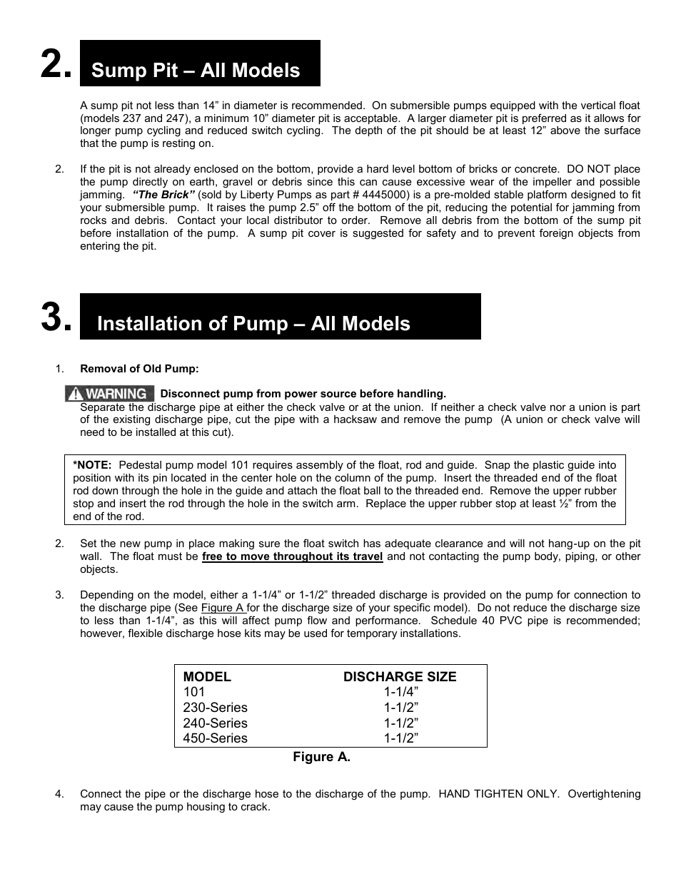 Sump pit – all models, Installation of pump – all models | Liberty Pumps 230-Series User Manual | Page 3 / 24