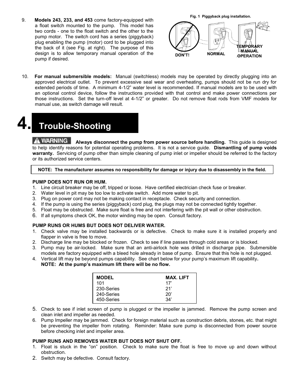 Trouble-shooting | Liberty Pumps 230-Series User Manual | Page 5 / 24