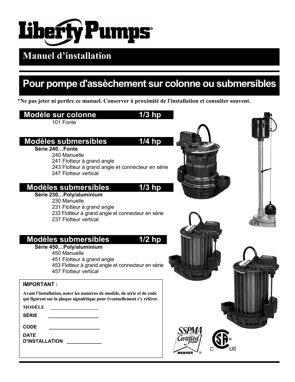 7108000h_fr, Manuel d’installation | Liberty Pumps 230-Series User Manual | Page 9 / 24