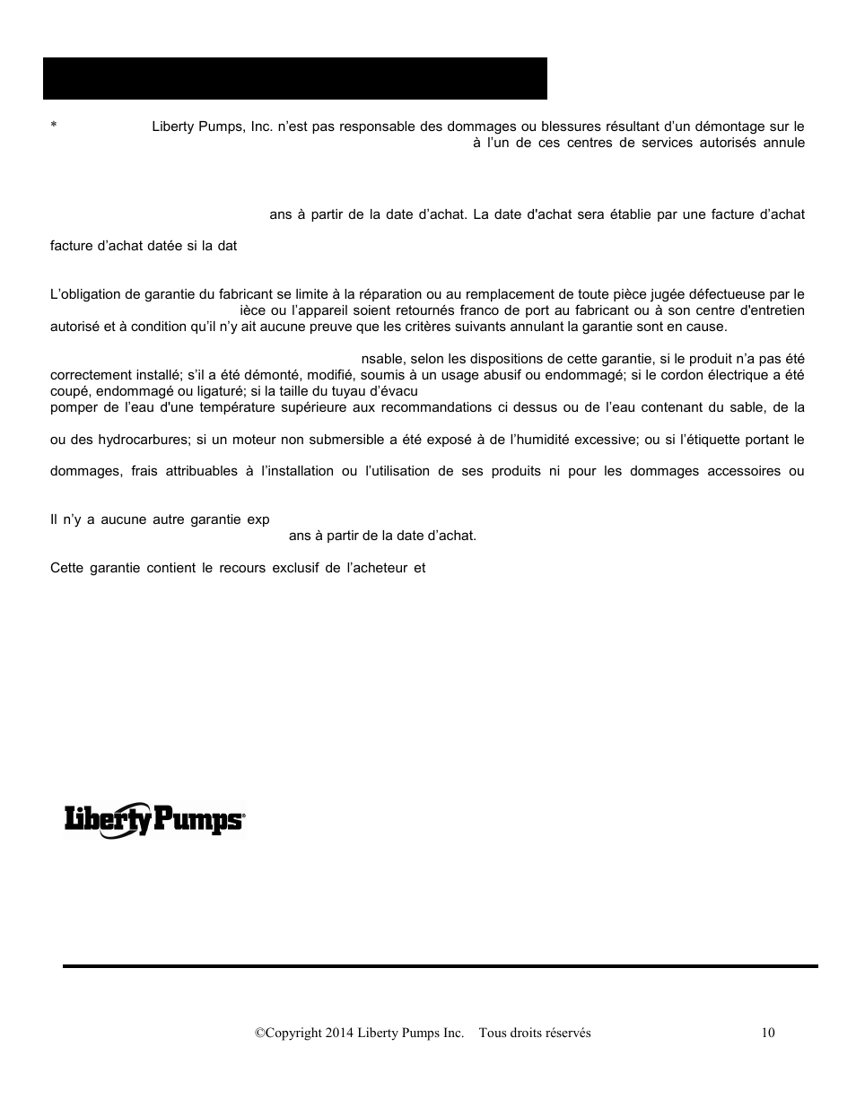 Garantie limitée de 3 ans | Liberty Pumps FL100-Series User Manual | Page 30 / 30