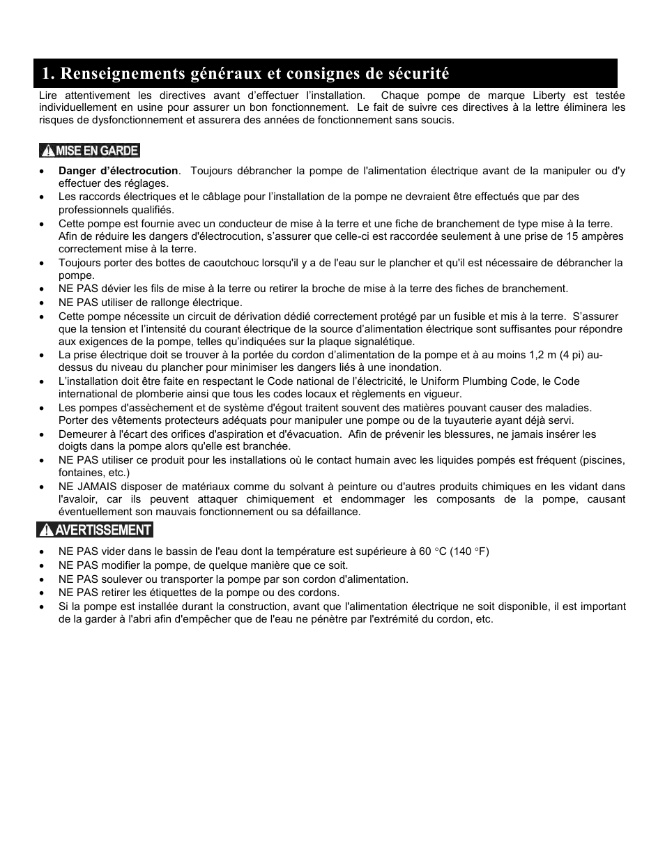Renseignements généraux et consignes de sécurité | Liberty Pumps SPAC Series User Manual | Page 8 / 18