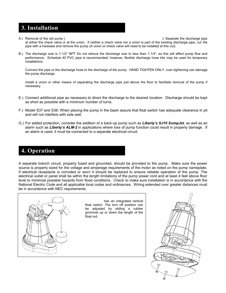 Installation ofpinstalla, Operation installa | Liberty Pumps S30-Series User Manual | Page 3 / 21