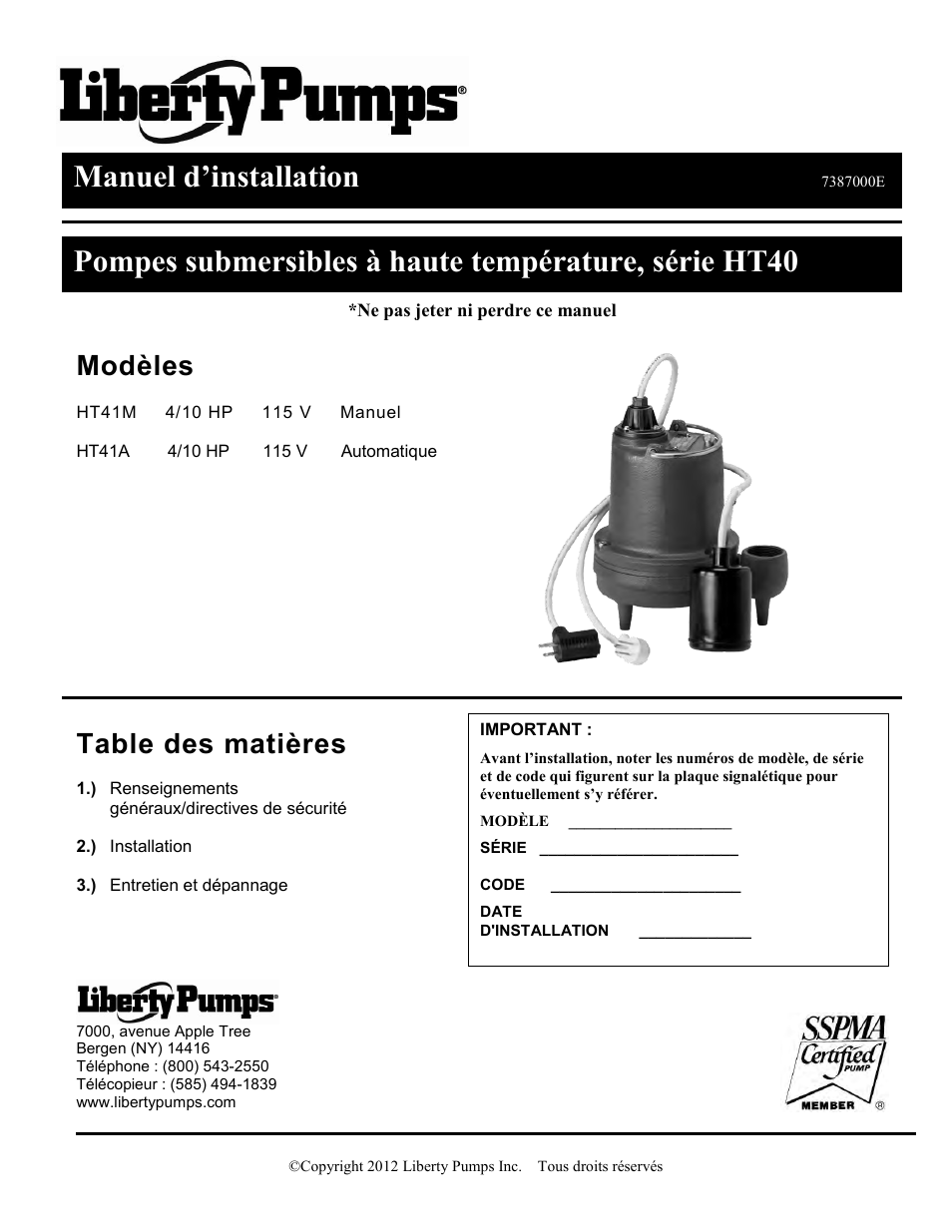 7387000e_fr, Manuel d’installation | Liberty Pumps HT40-Series User Manual | Page 13 / 19