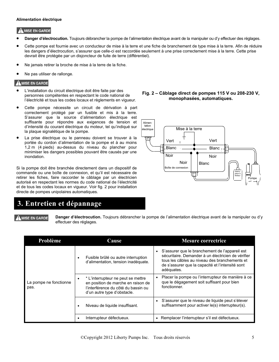 Entretien et dépannage, Problème cause mesure correctrice, Boîte de jonction | Liberty Pumps HT40-Series User Manual | Page 17 / 19