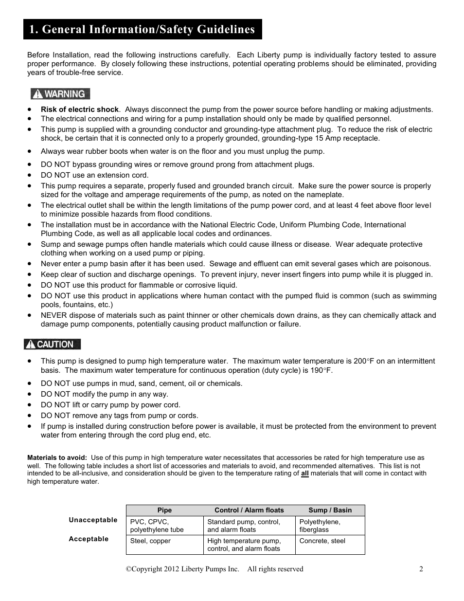 General information/safety guidelines | Liberty Pumps HT40-Series User Manual | Page 2 / 19