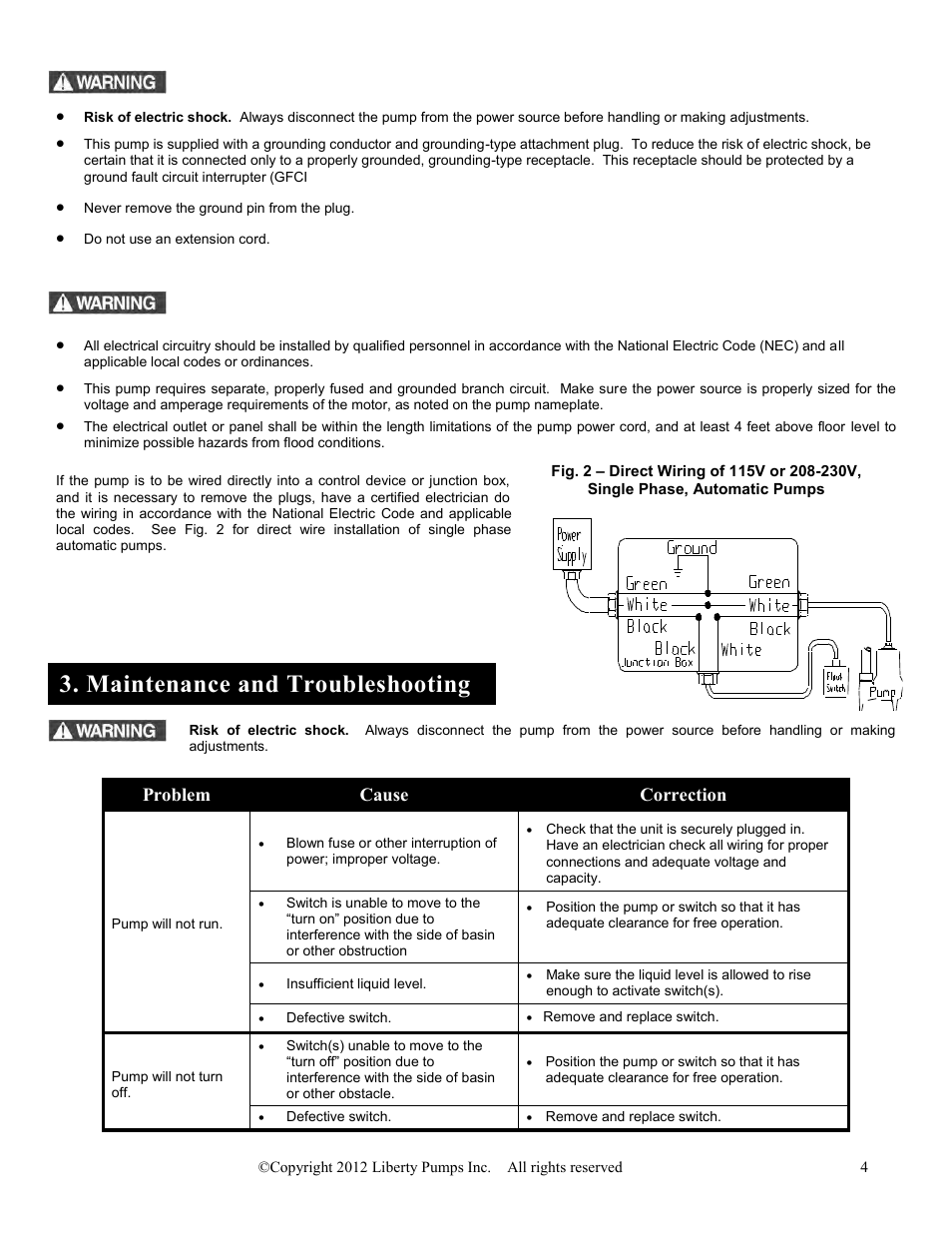 Maintenance and troubleshooting, Problem cause correction | Liberty Pumps HT40-Series User Manual | Page 4 / 19