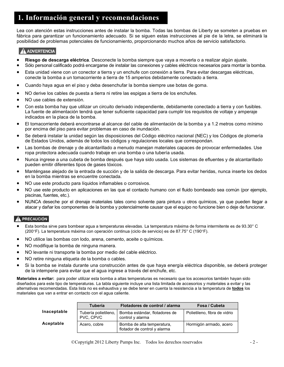 Información general y recomendaciones de seguridad | Liberty Pumps HT40-Series User Manual | Page 8 / 19