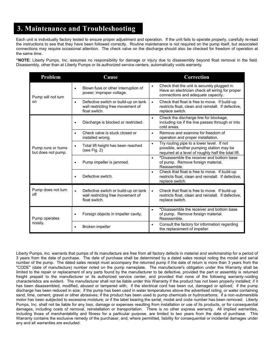 Maintenance and troubleshooting, Problem cause correction | Liberty Pumps CSP-Series User Manual | Page 4 / 14