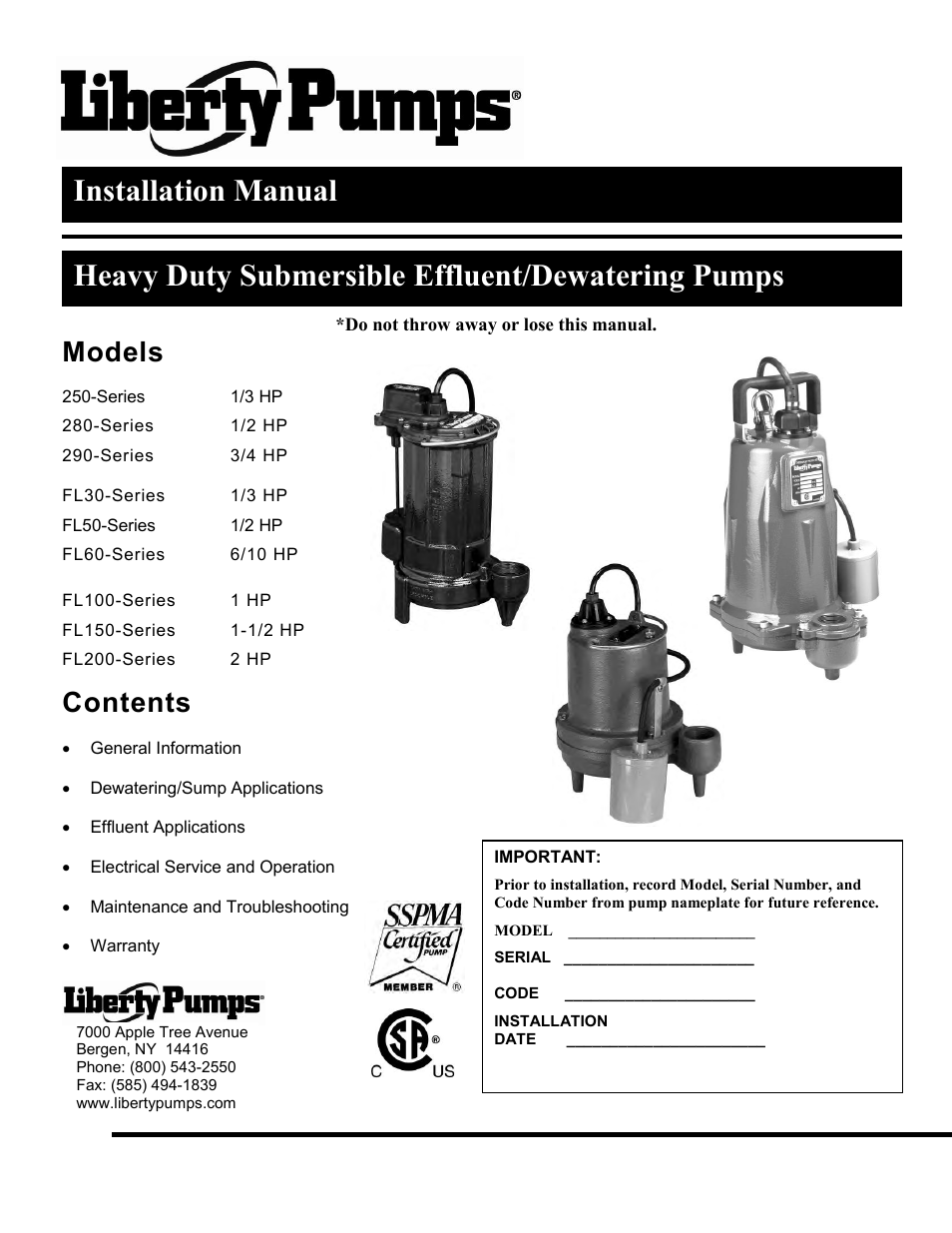 Liberty Pumps 290-Series User Manual | 30 pages