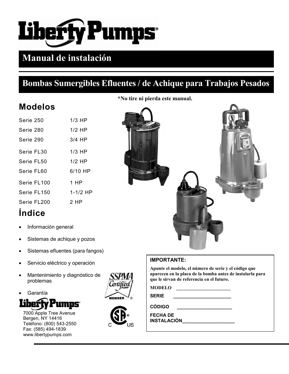 7035000j_es, Manual de instalación, Índice | Modelos | Liberty Pumps 290-Series User Manual | Page 11 / 30