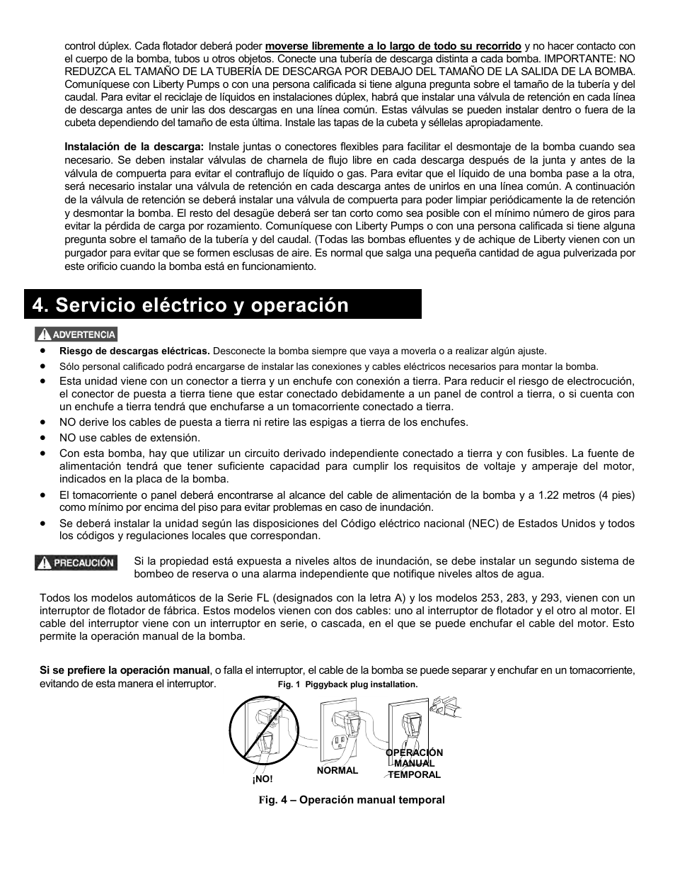 Servicio eléctrico y operación | Liberty Pumps 290-Series User Manual | Page 16 / 30