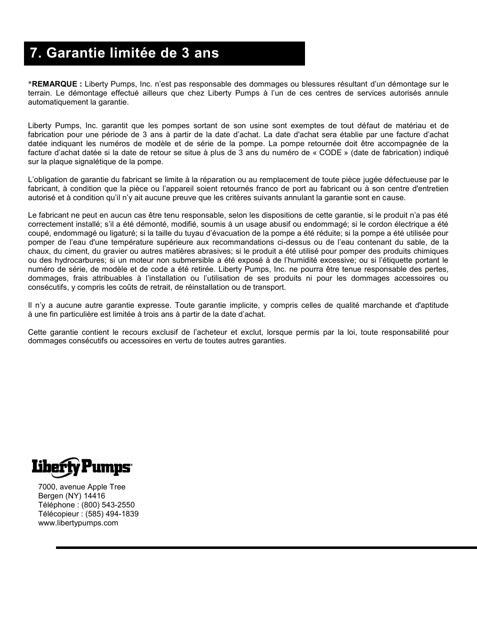 Garantie limitée de 3 ans | Liberty Pumps 290-Series User Manual | Page 30 / 30