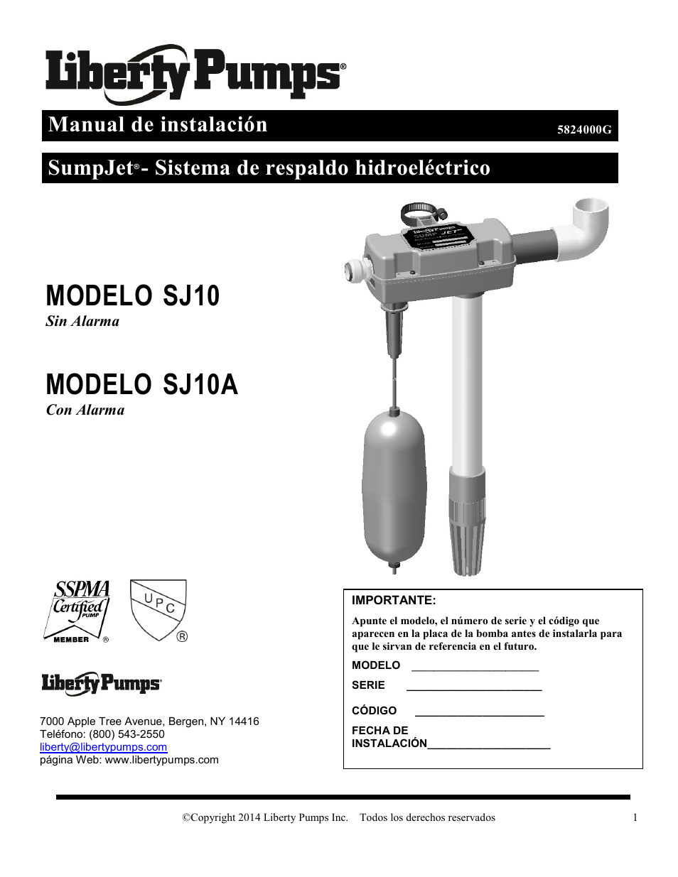 5824000g_es, Modelo, Sj10 | Sj10a, Manual de instalación, Sumpjet, Sistema de respaldo hidroeléctrico | Liberty Pumps SJ10 SumpJet User Manual | Page 11 / 30