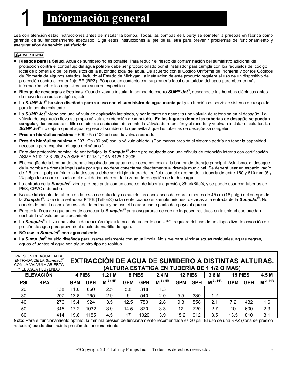 Información general, Extracción de agua de sumidero a distintas alturas | Liberty Pumps SJ10 SumpJet User Manual | Page 13 / 30