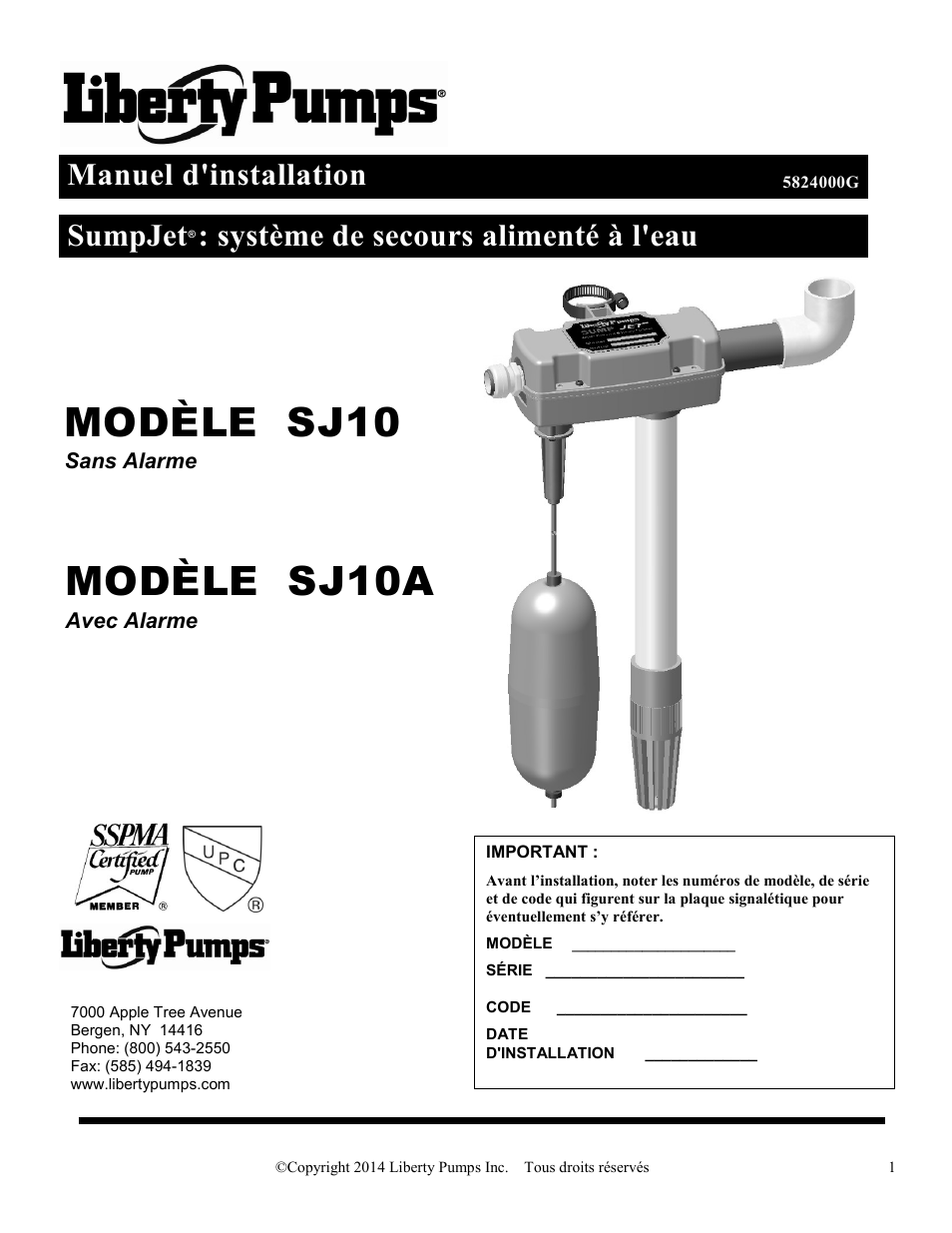 5824000g_fr, Modèle sj10, Modèle sj10a | Manuel d'installation, Sumpjet, Système de secours alimenté à l'eau | Liberty Pumps SJ10 SumpJet User Manual | Page 21 / 30