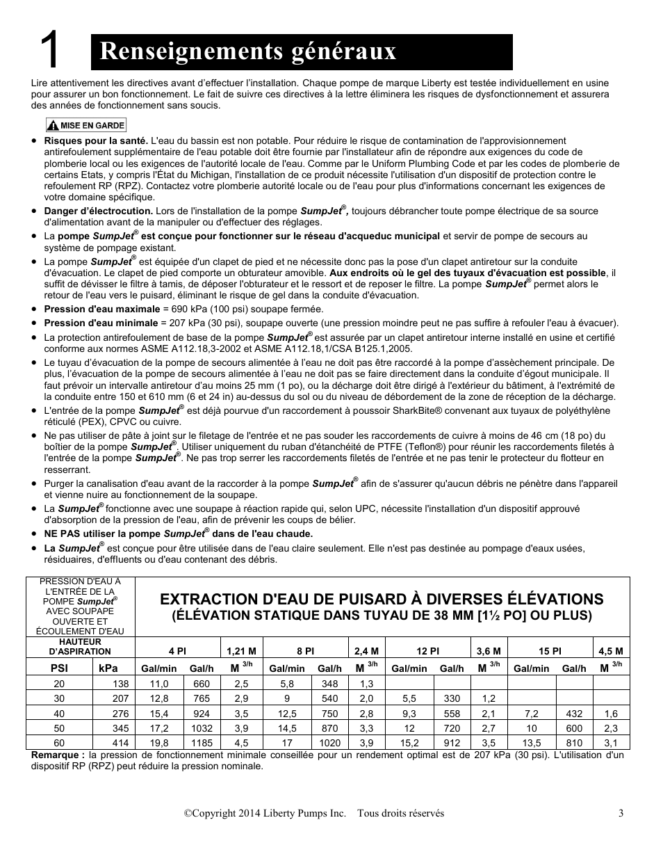 Renseignements généraux, Extraction d'eau de puisard à diverses élévations | Liberty Pumps SJ10 SumpJet User Manual | Page 23 / 30