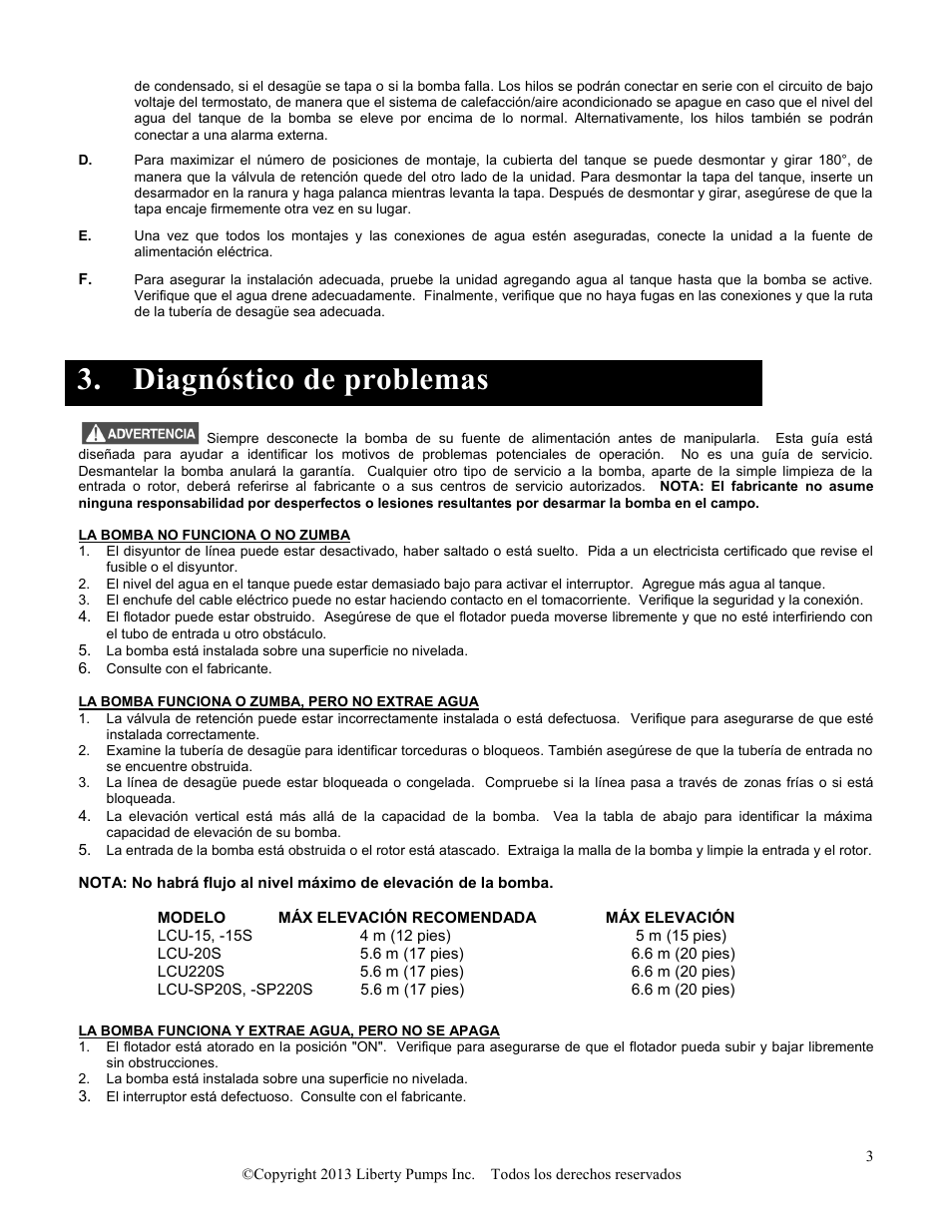 Diagnóstico de problemas | Liberty Pumps LCU-15 Series User Manual | Page 11 / 12