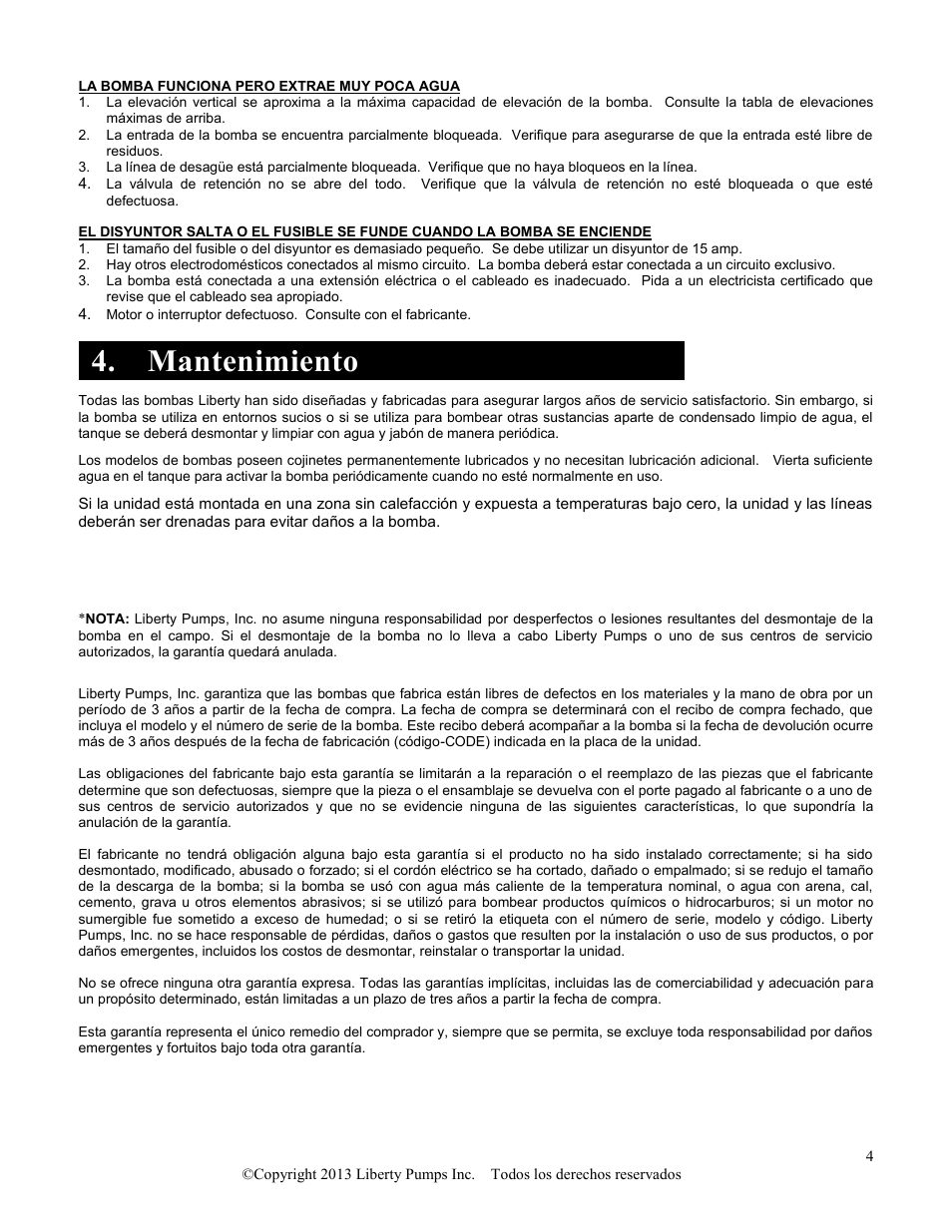 Mantenimiento, Garantía limitada de 3 años | Liberty Pumps LCU-15 Series User Manual | Page 12 / 12