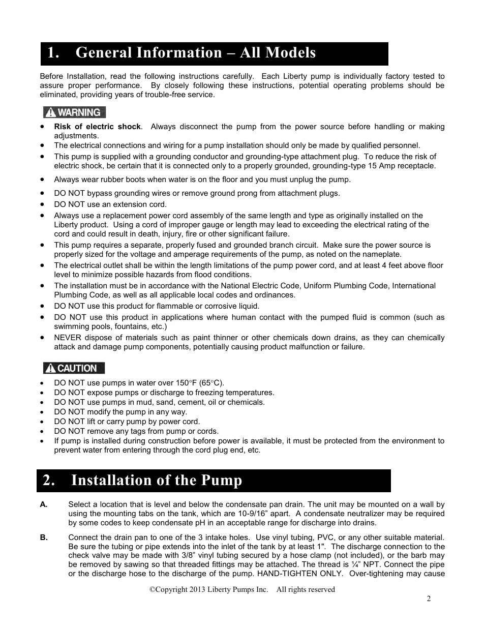 General information – all models, Installation of the pump | Liberty Pumps LCU-15 Series User Manual | Page 2 / 12