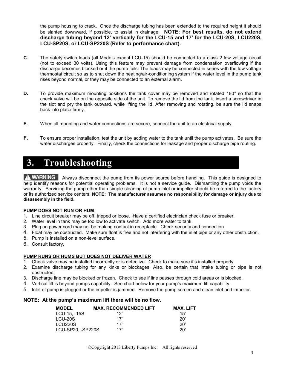 Troubleshooting | Liberty Pumps LCU-15 Series User Manual | Page 3 / 12