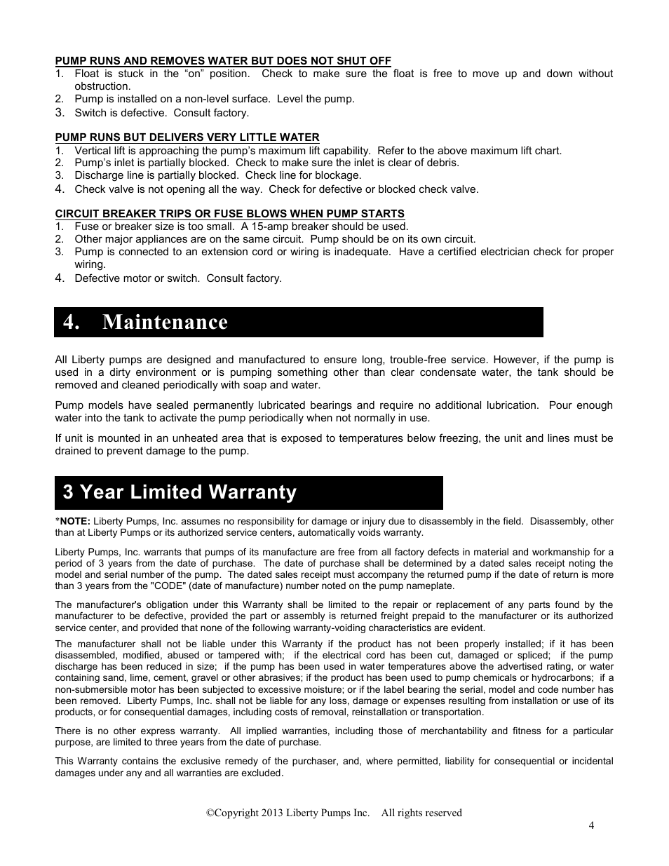 Maintenance, 3 year limited warranty | Liberty Pumps LCU-15 Series User Manual | Page 4 / 12