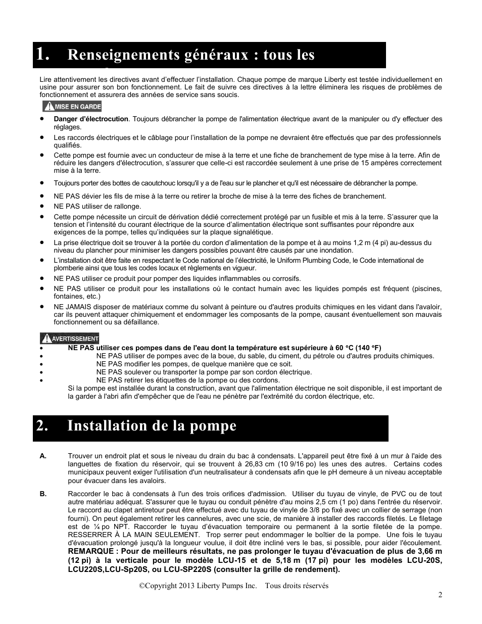 Modèles, Renseignements généraux : tous les, Installation de la pompe | Liberty Pumps LCU-15 Series User Manual | Page 6 / 12