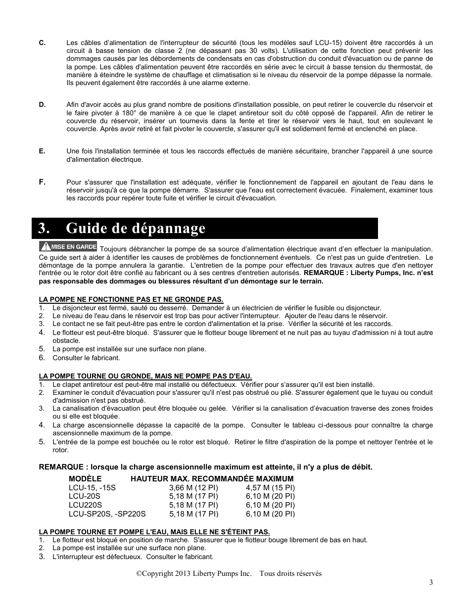 Guide de dépannage | Liberty Pumps LCU-15 Series User Manual | Page 7 / 12