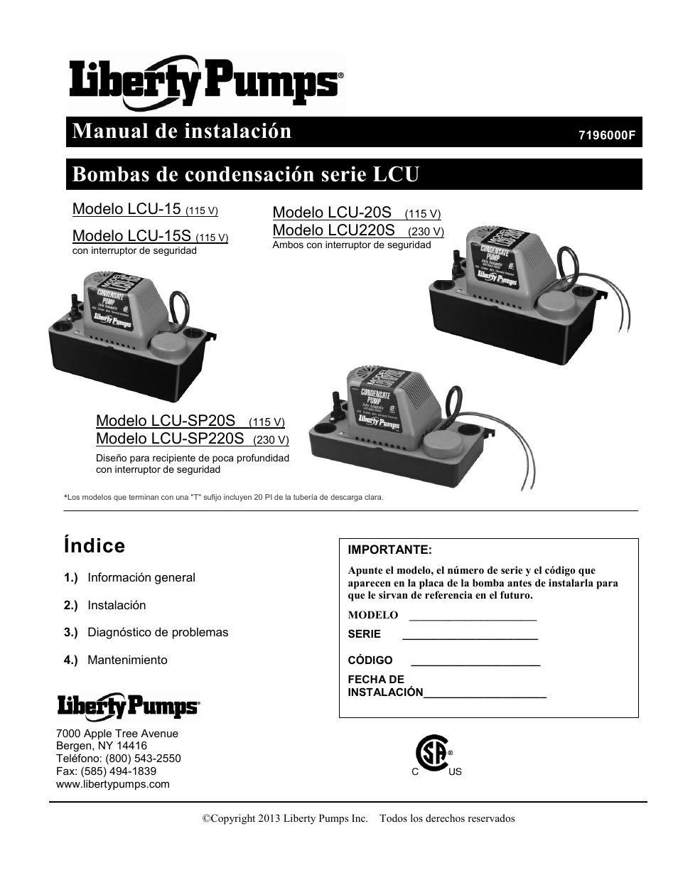 7196000f_es, Manual de instalación, Bombas de condensación serie lcu | Índice, Modelo lcu-sp20s, Modelo lcu-sp220s, Modelo lcu-20s, Modelo lcu220s, Modelo lcu-15, Modelo lcu-15s | Liberty Pumps LCU-15 Series User Manual | Page 9 / 12