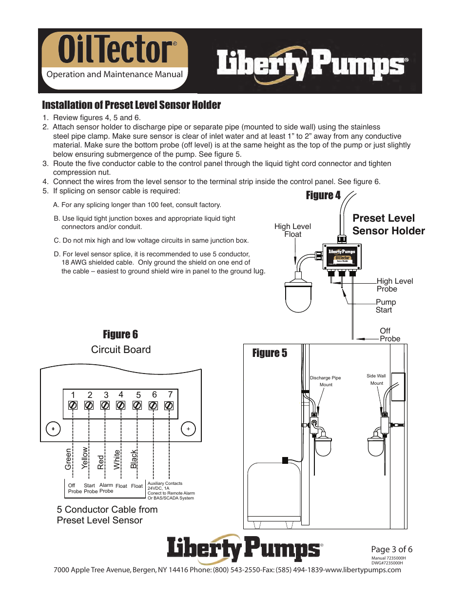 Installation of preset level sensor holder, Figure 5, Circuit board | Figure 6 figure 4, Preset level sensor holder, 5 conductor cable from preset level sensor, Page 3 of 6 operation and maintenance manual, Operation and maintenance manual | Liberty Pumps ELV-Series OilTector User Manual | Page 3 / 6