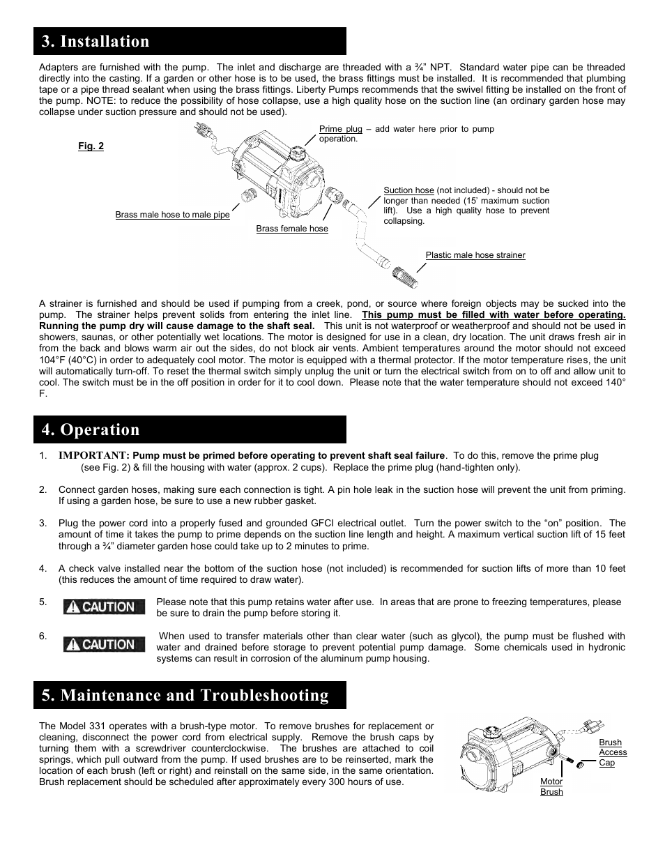 Installation, Operation, Maintenance and troubleshooting | Liberty Pumps 331 User Manual | Page 3 / 12
