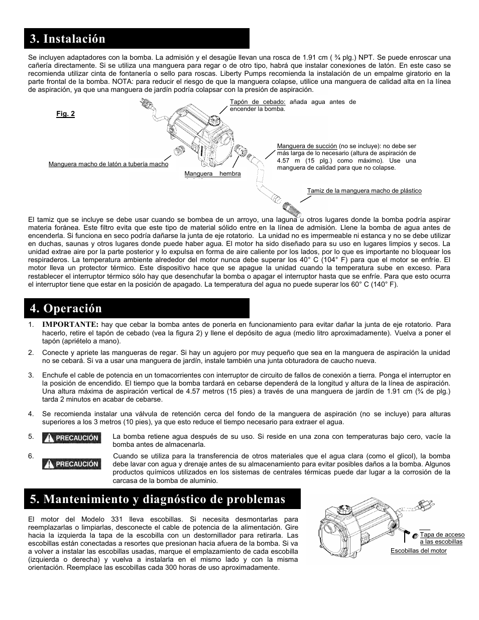 Instalación, Operación, Mantenimiento y diagnóstico de problemas | Liberty Pumps 331 User Manual | Page 7 / 12