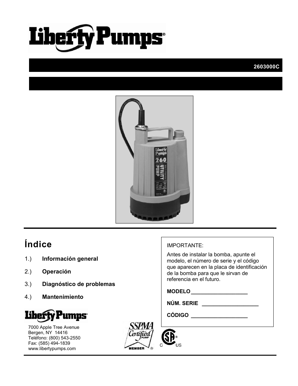 2603000c_es, Manual de instalación, Bomba utilitaria sumergible modelo 260 | Índice | Liberty Pumps 260 User Manual | Page 5 / 12