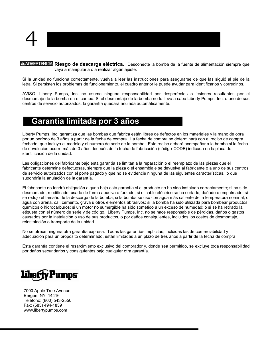 Mantenimiento, Garantía limitada por 3 años | Liberty Pumps 260 User Manual | Page 8 / 12