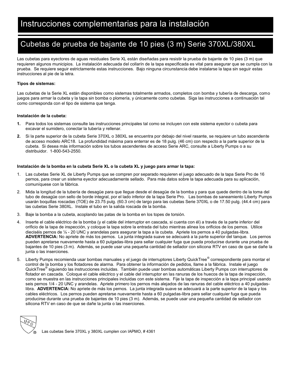 Instrucciones complementarias para la instalación | Liberty Pumps Pro370-Series User Manual | Page 19 / 30