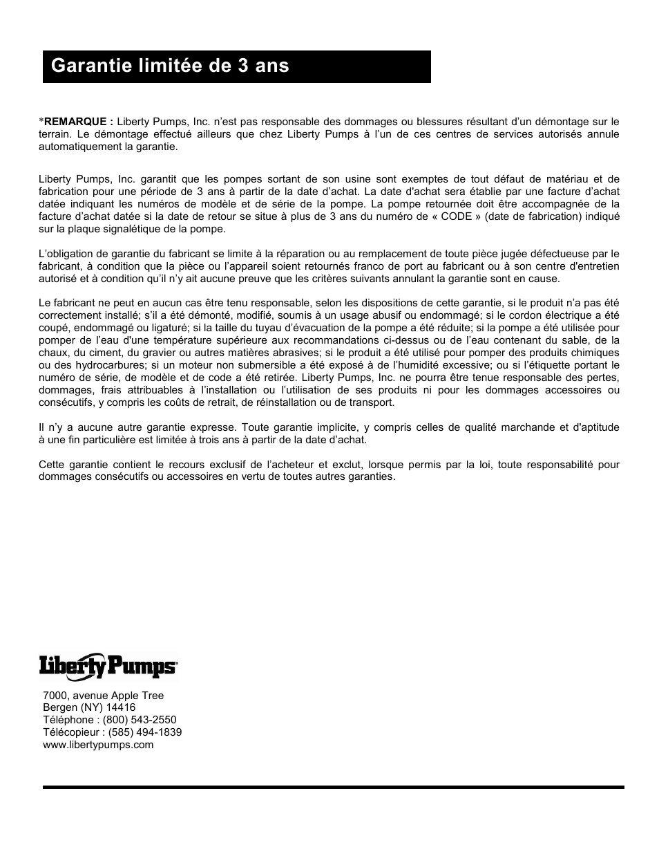 Garantie limitée de 3 ans | Liberty Pumps Pro370-Series User Manual | Page 30 / 30