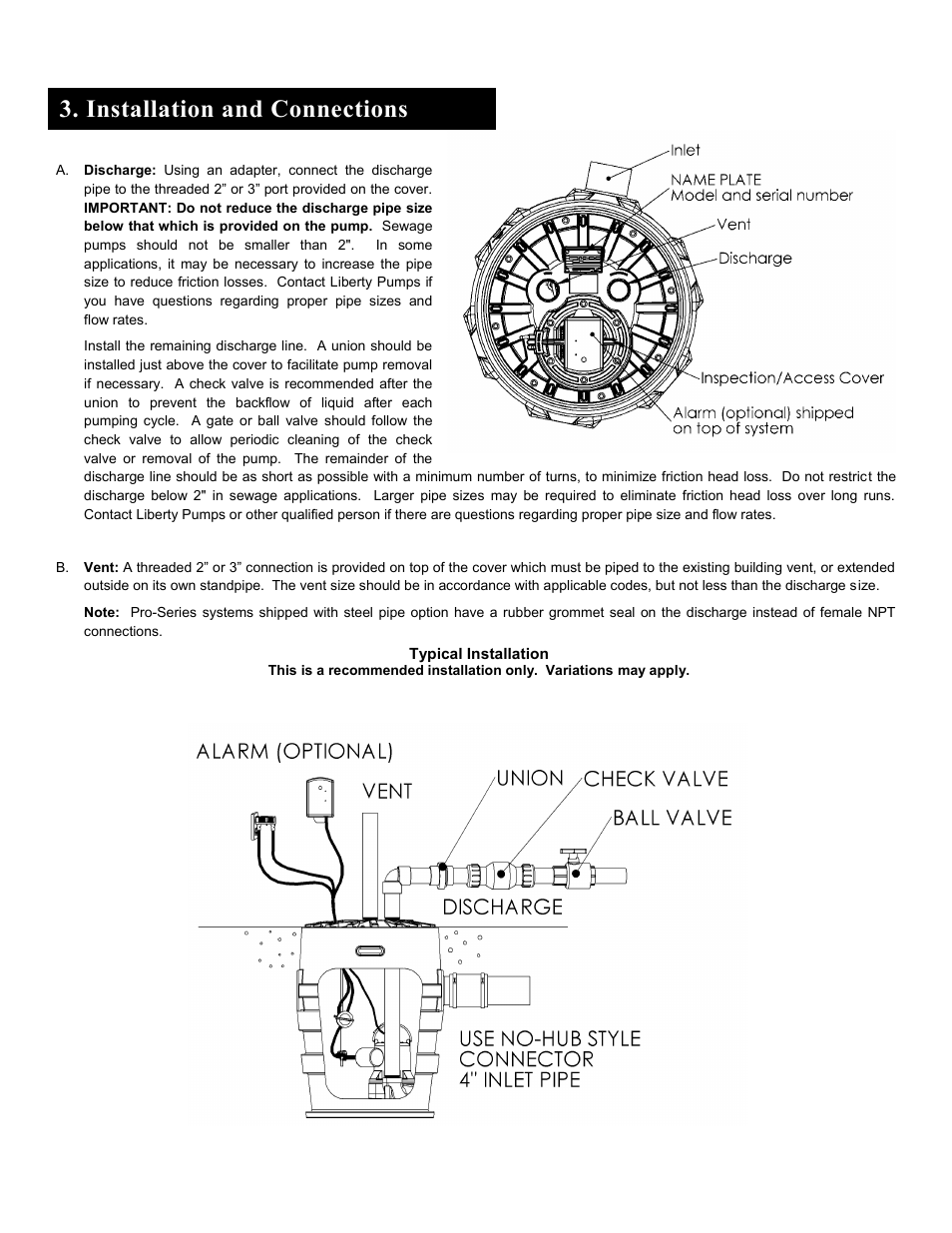 Installation and connections | Liberty Pumps Pro370-Series User Manual | Page 4 / 30