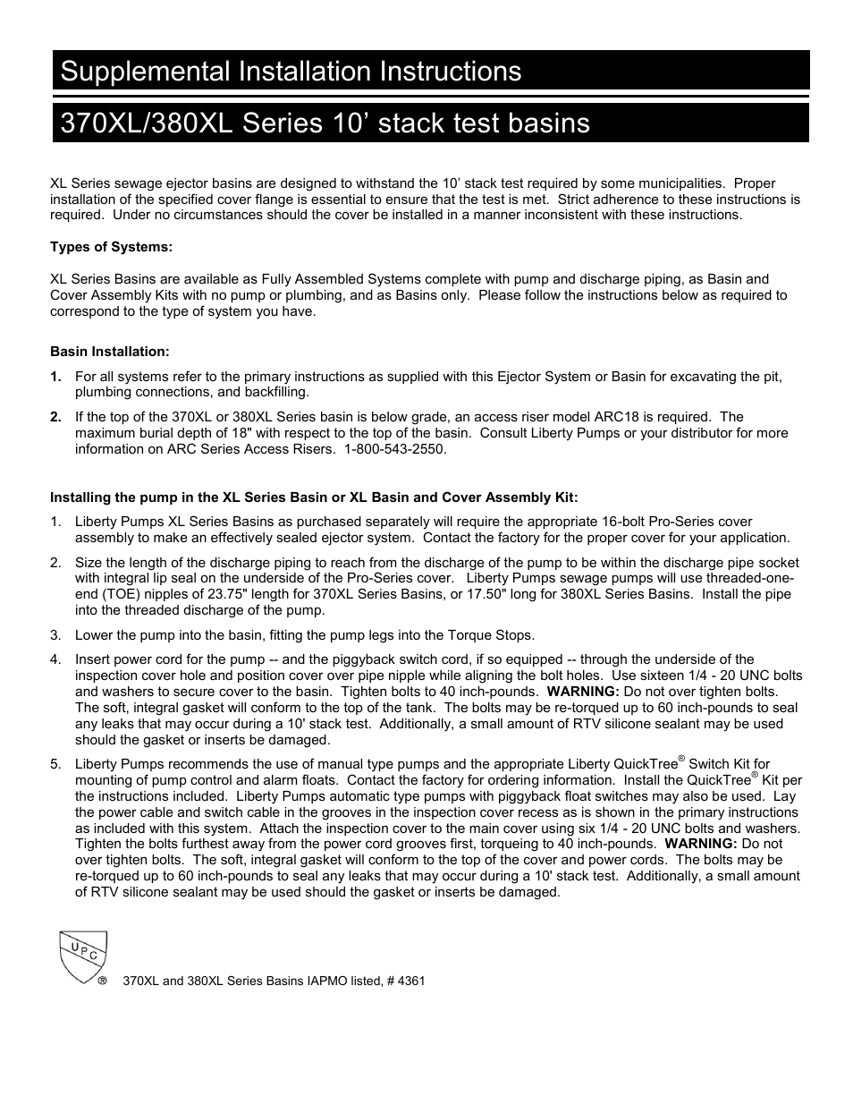 Supplemental installation instructions | Liberty Pumps Pro370-Series User Manual | Page 9 / 30