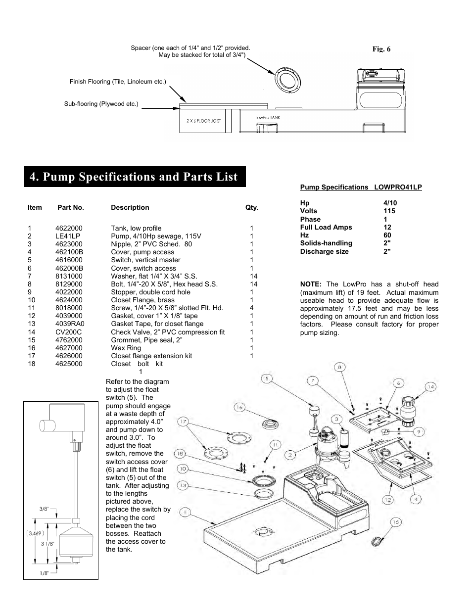 Pump specifications and parts list | Liberty Pumps LowPro-Series User Manual | Page 5 / 24