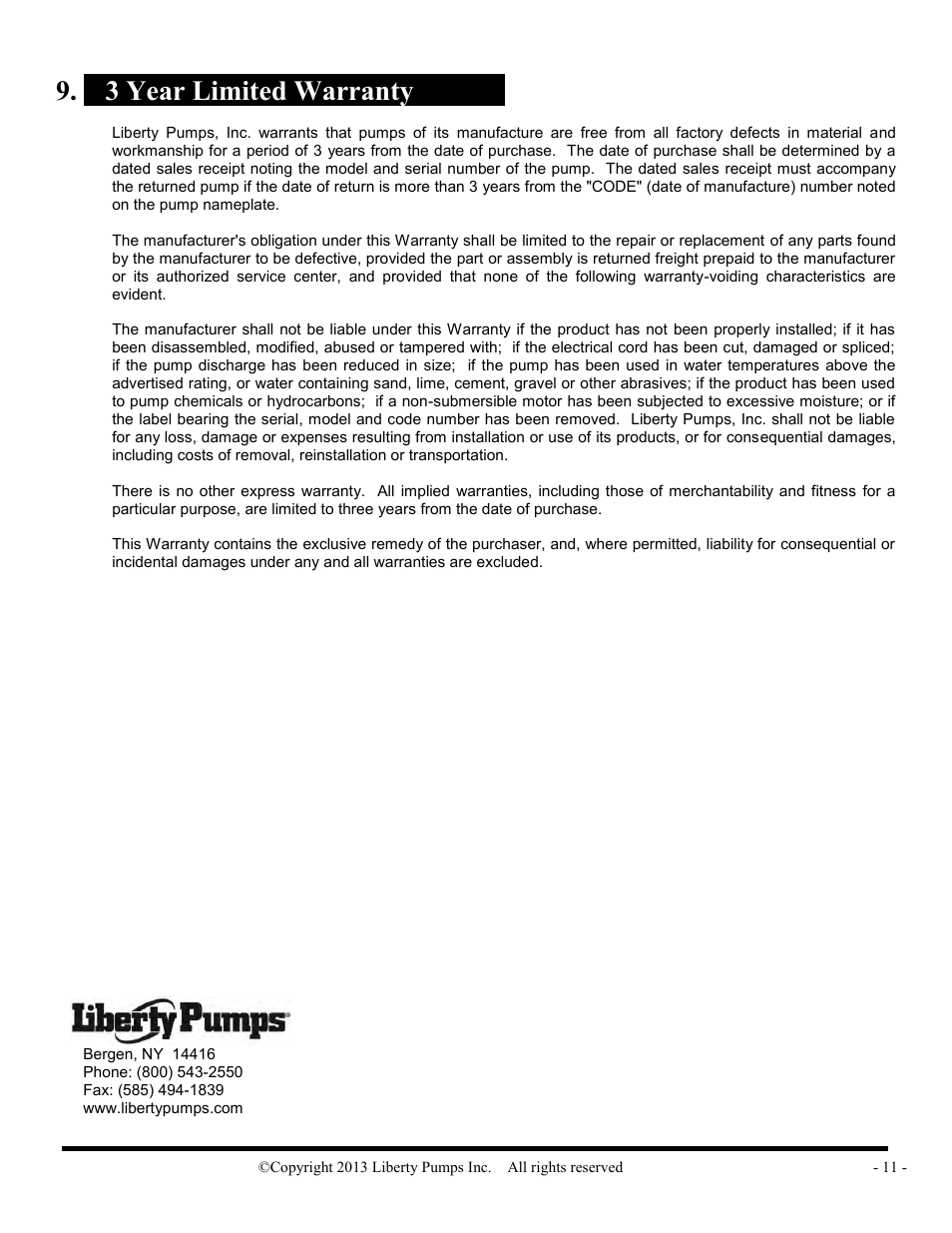 X 3 year limited warranty x | Liberty Pumps PRG-Series User Manual | Page 11 / 33