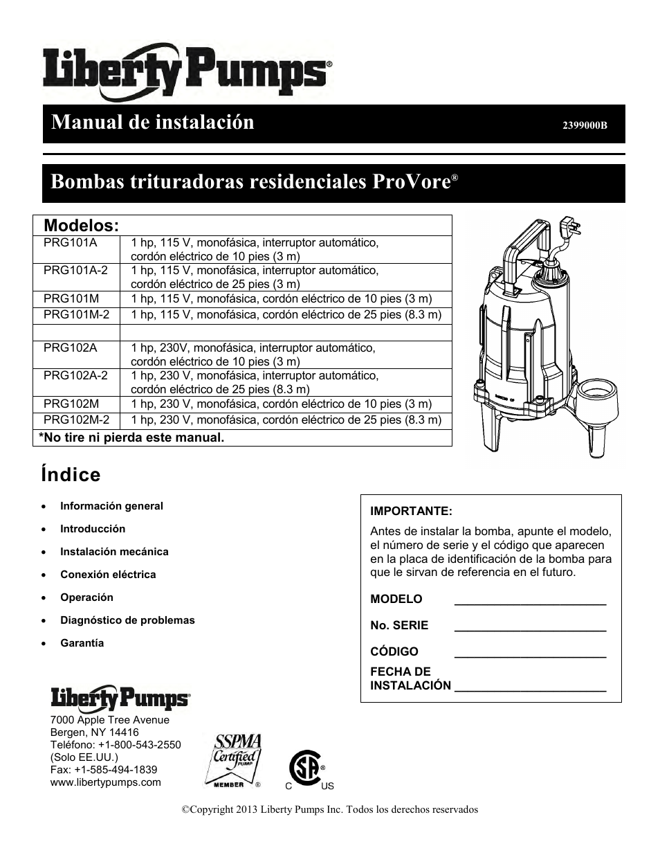 2399000b_es, Manual de instalación, Bombas trituradoras residenciales provore | Índice, Modelos | Liberty Pumps PRG-Series User Manual | Page 12 / 33