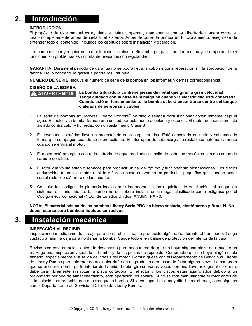 X introducción x, X instalación mecánica x | Liberty Pumps PRG-Series User Manual | Page 14 / 33