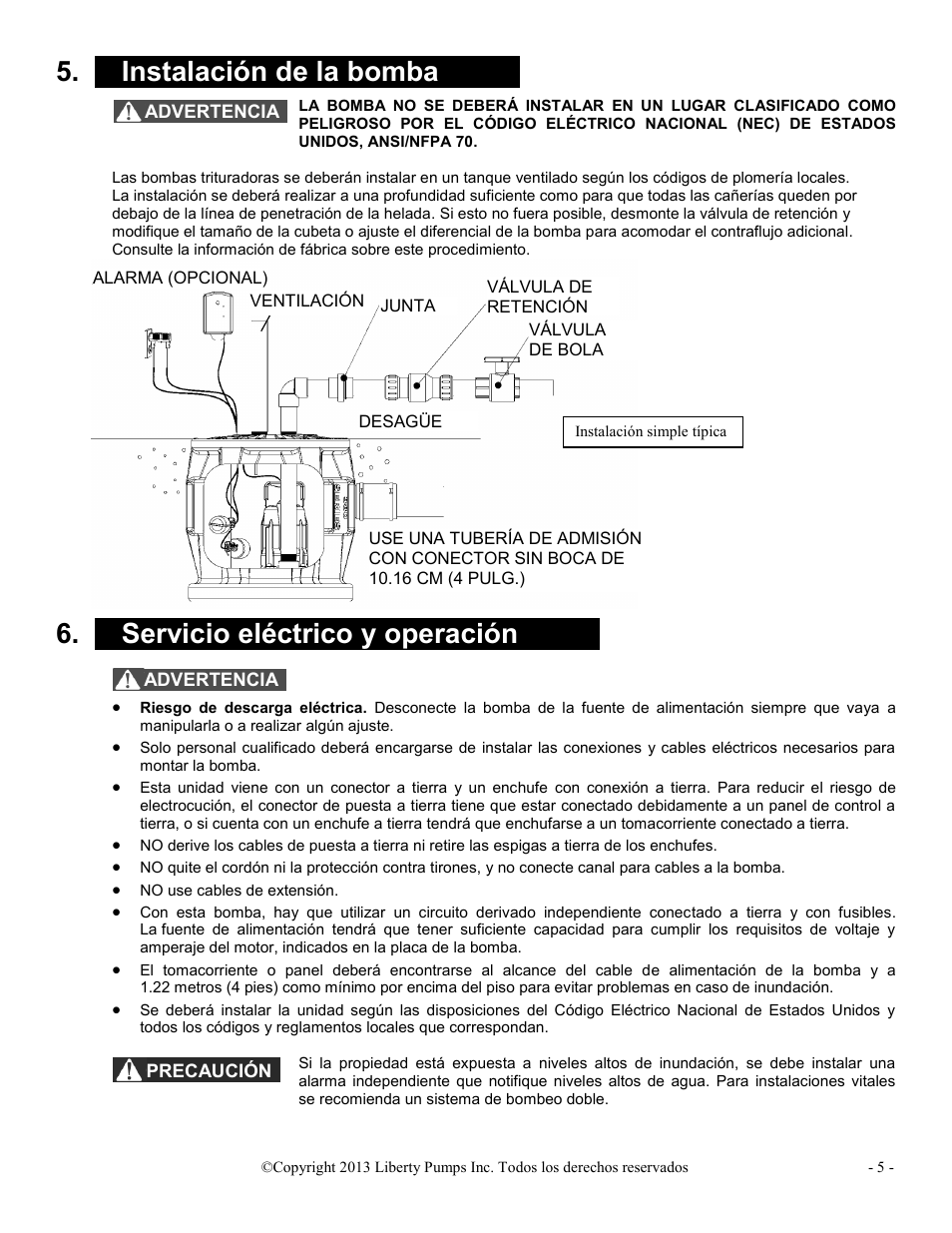 X instalación de la bomba x, X servicio eléctrico y operación x | Liberty Pumps PRG-Series User Manual | Page 16 / 33