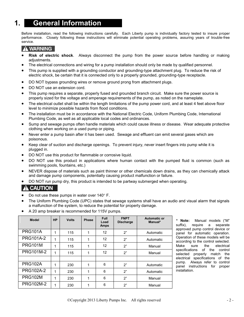 X general information x | Liberty Pumps PRG-Series User Manual | Page 2 / 33