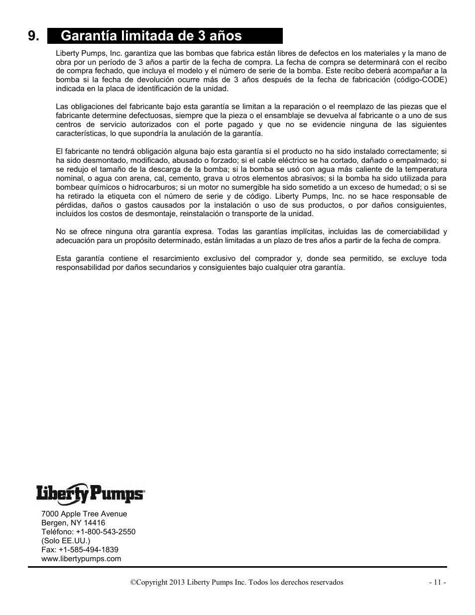 X garantía limitada de 3 años x | Liberty Pumps PRG-Series User Manual | Page 22 / 33